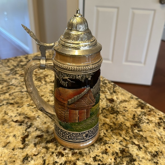 Vintage Original Gerzit W. Germany Handgemalt Long Horn Lidded Beer Stein 9.5” - Picture 5 of 8